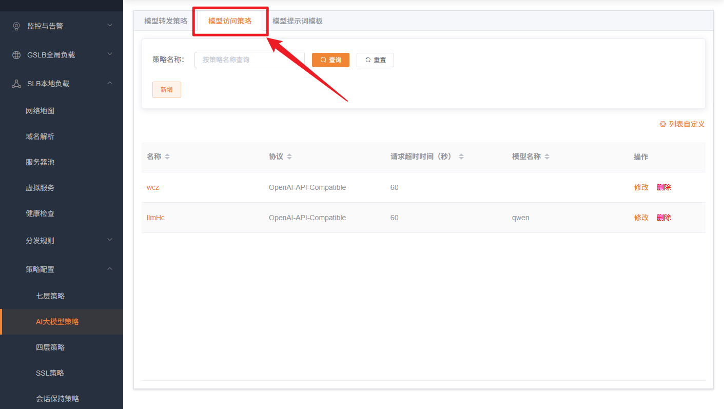 模型访问策略列表