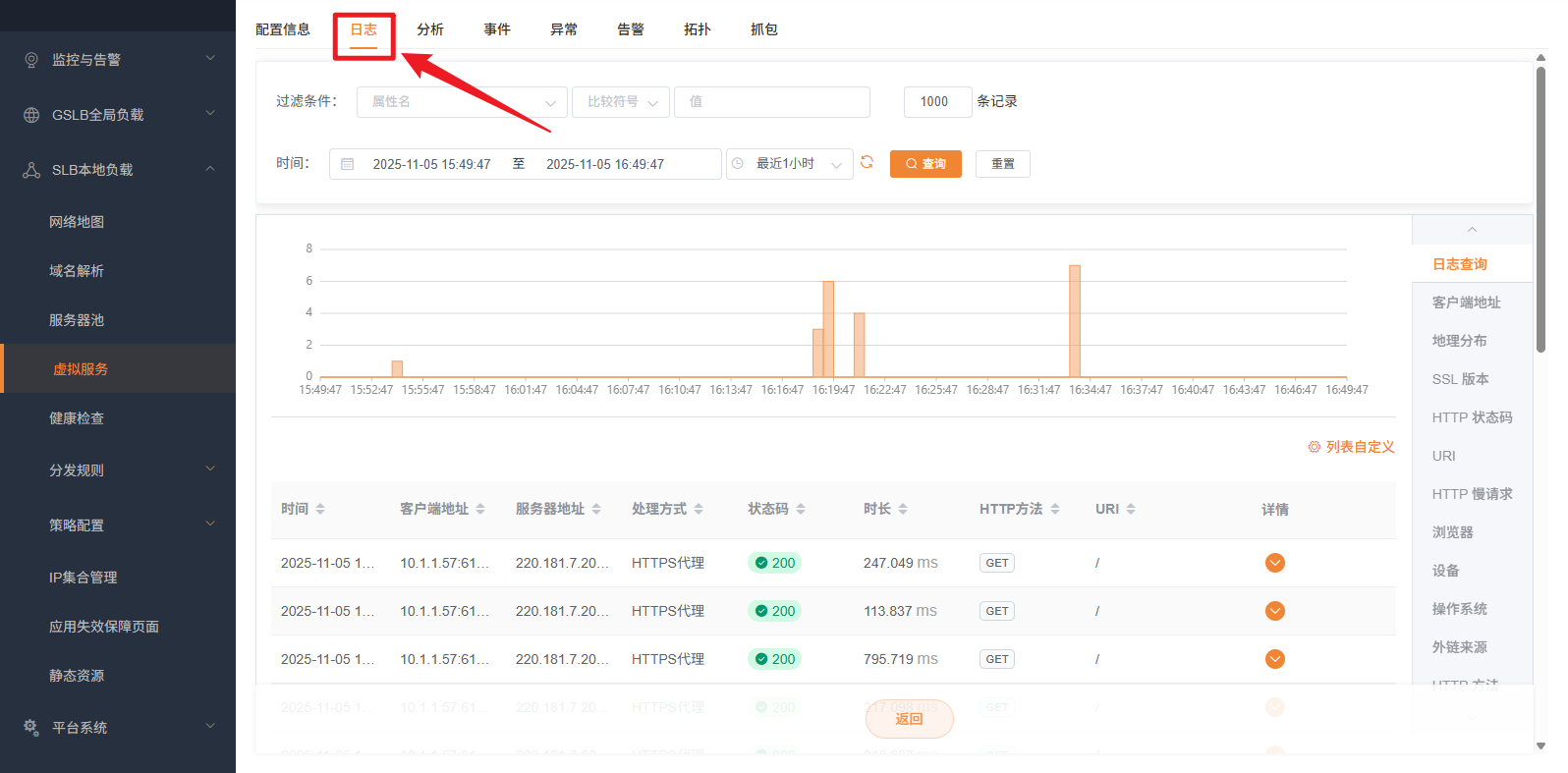 虚拟服务日志列表