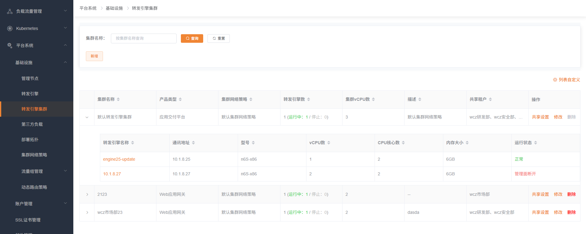 转发引擎集群列表